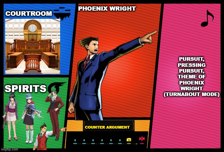 Better be the last fighter | COURTROOM; PHOENIX WRIGHT; PURSUIT, PRESSING PURSUIT, THEME OF PHOENIX WRIGHT (TURNABOUT MODE); SPIRITS; COUNTER ARGUMENT | image tagged in smash ultimate dlc fighter profile,ace attorney | made w/ Imgflip meme maker