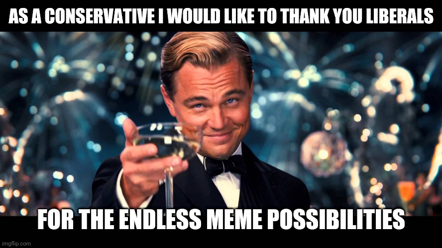 The left can't meme, but the right can't meme without the left. It's an endless yin-yang | AS A CONSERVATIVE I WOULD LIKE TO THANK YOU LIBERALS; FOR THE ENDLESS MEME POSSIBILITIES | image tagged in lionardo dicaprio thank you,politics,conservatives,liberals | made w/ Imgflip meme maker