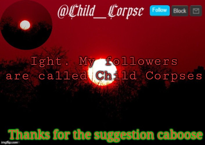 T | Ight. My followers are called Child Corpses; Thanks for the suggestion caboose | image tagged in t | made w/ Imgflip meme maker