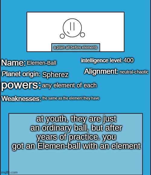 Elemen-Balls too | a plain all before elements; 400; Elemen-Ball; neutral-chaotic; Spherez; any element of each; the same as the element they have; at youth, they are just an ordinary ball, but after years of practice. you got an Elemen-ball with an element | image tagged in oc species showcase | made w/ Imgflip meme maker