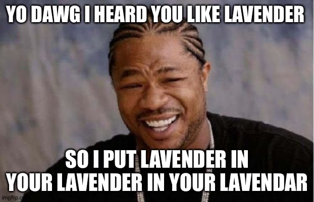 Yo Dawg Heard You Meme | YO DAWG I HEARD YOU LIKE LAVENDER; SO I PUT LAVENDER IN YOUR LAVENDER IN YOUR LAVENDAR | image tagged in memes,yo dawg heard you | made w/ Imgflip meme maker