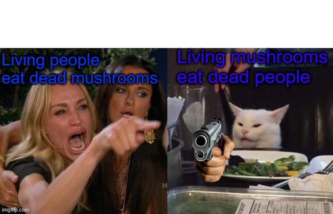Woman Yelling At Cat | Living mushrooms eat dead people; Living people eat dead mushrooms | image tagged in memes,woman yelling at cat | made w/ Imgflip meme maker