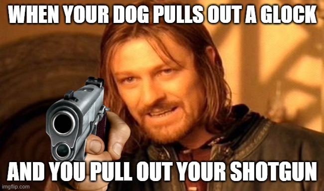 One Does Not Simply | WHEN YOUR DOG PULLS OUT A GLOCK; AND YOU PULL OUT YOUR SHOTGUN | image tagged in memes,one does not simply | made w/ Imgflip meme maker