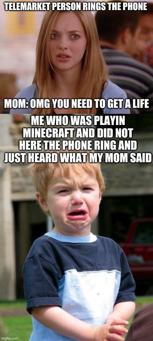 MC | TELEMARKET PERSON RINGS THE PHONE; MOM: OMG YOU NEED TO GET A LIFE; ME WHO WAS PLAYIN MINECRAFT AND DID NOT HERE THE PHONE RING AND JUST HEARD WHAT MY MOM SAID | image tagged in memes,omg karen,sad face | made w/ Imgflip meme maker