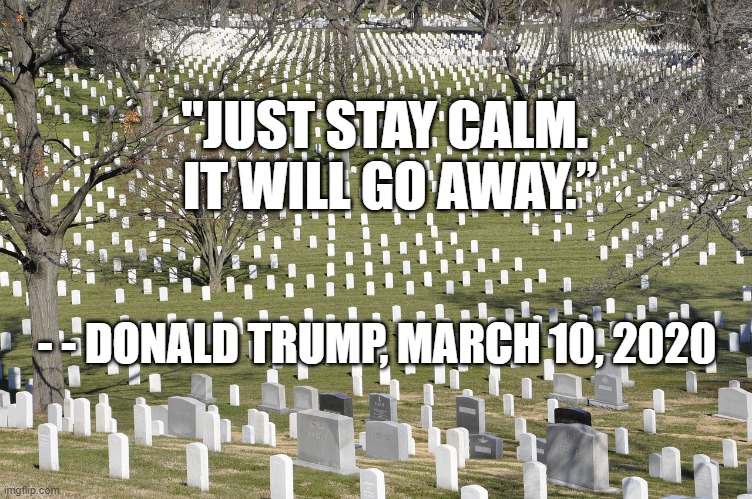 "JUST STAY CALM. 
IT WILL GO AWAY.”; - - DONALD TRUMP, MARCH 10, 2020 | image tagged in trump,coronavirus | made w/ Imgflip meme maker