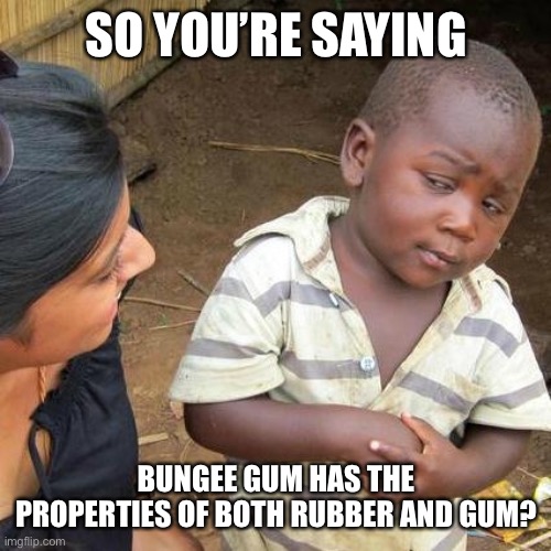 Third World Skeptical Kid | SO YOU’RE SAYING; BUNGEE GUM HAS THE PROPERTIES OF BOTH RUBBER AND GUM? | image tagged in memes,third world skeptical kid | made w/ Imgflip meme maker