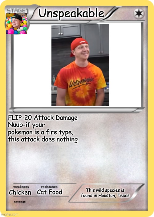 blank pokemon card | Unspeakable; FLIP-20 Attack Damage
Nuub-if your pokemon is a fire type, this attack does nothing; This wild species is found in Houston, Texas; Cat Food; Chicken | image tagged in blank pokemon card | made w/ Imgflip meme maker