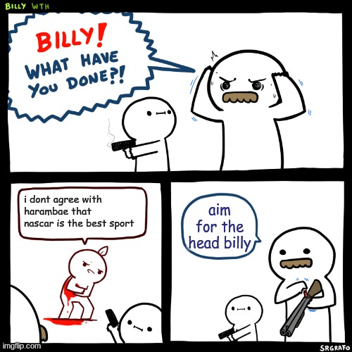 Billy, What Have You Done | i dont agree with harambae that nascar is the best sport; aim for the head billy | image tagged in billy what have you done | made w/ Imgflip meme maker