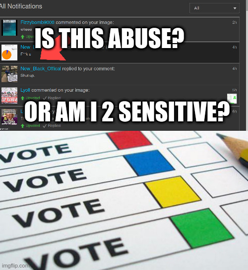 F**K ME | IS THIS ABUSE? OR AM I 2 SENSITIVE? | image tagged in political poll,tards,abuse | made w/ Imgflip meme maker
