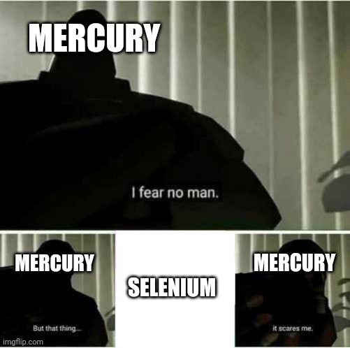 I fear no man | MERCURY; MERCURY; MERCURY; SELENIUM | image tagged in i fear no man | made w/ Imgflip meme maker