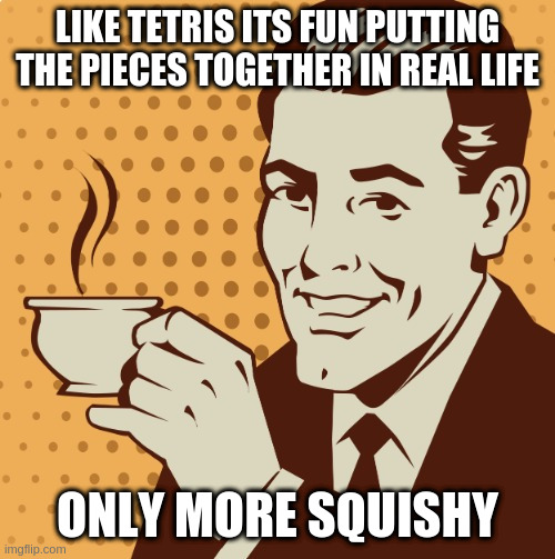 Mug approval | LIKE TETRIS ITS FUN PUTTING THE PIECES TOGETHER IN REAL LIFE ONLY MORE SQUISHY | image tagged in mug approval | made w/ Imgflip meme maker