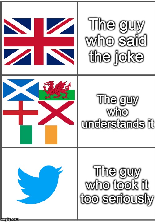 Imagine being a country that has multiple regions that doesn't have flags, this post was made by the UK union gang. | The guy who said the joke; The guy who understands it; The guy who took it too seriously | image tagged in blank comic panel 2x3,flags,twitter,funny,memes,geography | made w/ Imgflip meme maker