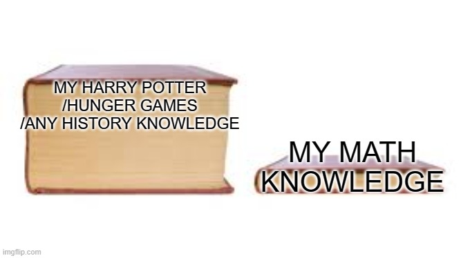 Someone else may have done something simallar to this | MY HARRY POTTER /HUNGER GAMES /ANY HISTORY KNOWLEDGE; MY MATH KNOWLEDGE | image tagged in big book small book | made w/ Imgflip meme maker