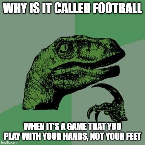 Shouldn't it be called handball, then? Cause you're playing it with your hands, not your feet | WHY IS IT CALLED FOOTBALL; WHEN IT'S A GAME THAT YOU PLAY WITH YOUR HANDS, NOT YOUR FEET | image tagged in memes,philosoraptor,football,hands,feet | made w/ Imgflip meme maker