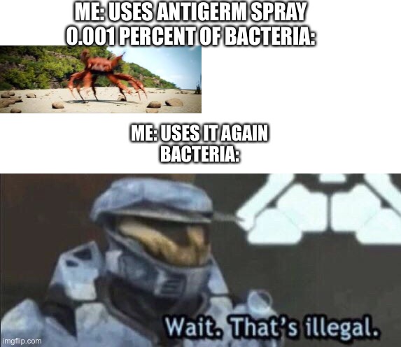 does this actually work | ME: USES ANTIGERM SPRAY
0.001 PERCENT OF BACTERIA:; ME: USES IT AGAIN
BACTERIA: | image tagged in wait that s illegal,antigerm,bacteria,crab rave | made w/ Imgflip meme maker