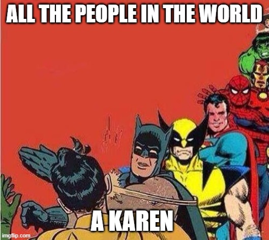 Batman Slapping Robin with Superheroes Lined Up | ALL THE PEOPLE IN THE WORLD; A KAREN | image tagged in batman slapping robin with superheroes lined up | made w/ Imgflip meme maker