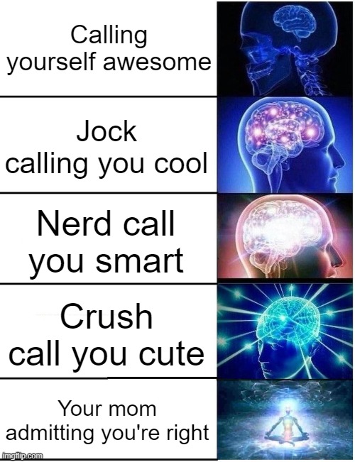 Smarter and smarter | Calling yourself awesome; Jock calling you cool; Nerd call you smart; Crush call you cute; Your mom admitting you're right | image tagged in expanding brain 5 panel | made w/ Imgflip meme maker