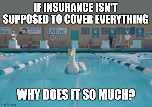 Healthcare is crooked | IF INSURANCE ISN'T SUPPOSED TO COVER EVERYTHING; WHY DOES IT SO MUCH? | image tagged in aflac,insurance | made w/ Imgflip meme maker