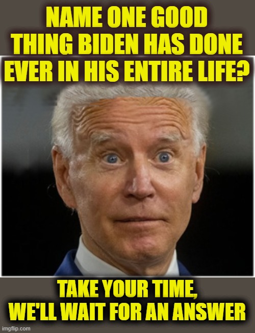 Ill probably be banned now |  NAME ONE GOOD THING BIDEN HAS DONE EVER IN HIS ENTIRE LIFE? TAKE YOUR TIME, WE'LL WAIT FOR AN ANSWER | image tagged in schmo joe bin biden,anybody,anybody got one,anyone,just one answer will do,one good thing | made w/ Imgflip meme maker
