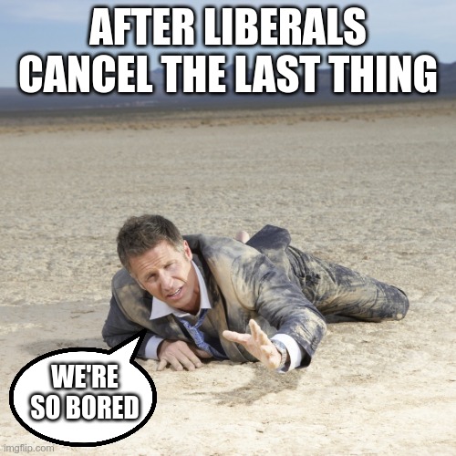 Like Lemmings over the cliff, driving full speed toward oblivion | AFTER LIBERALS CANCEL THE LAST THING; WE'RE SO BORED | image tagged in desert crawler,cancel culture,cannibalism | made w/ Imgflip meme maker
