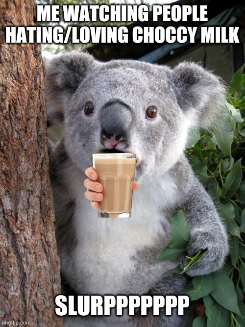 Choccy | ME WATCHING PEOPLE HATING/LOVING CHOCCY MILK; SLURPPPPPPP | image tagged in memes,surprised koala,choccy milk,never gonna give you up,never gonna let you down | made w/ Imgflip meme maker