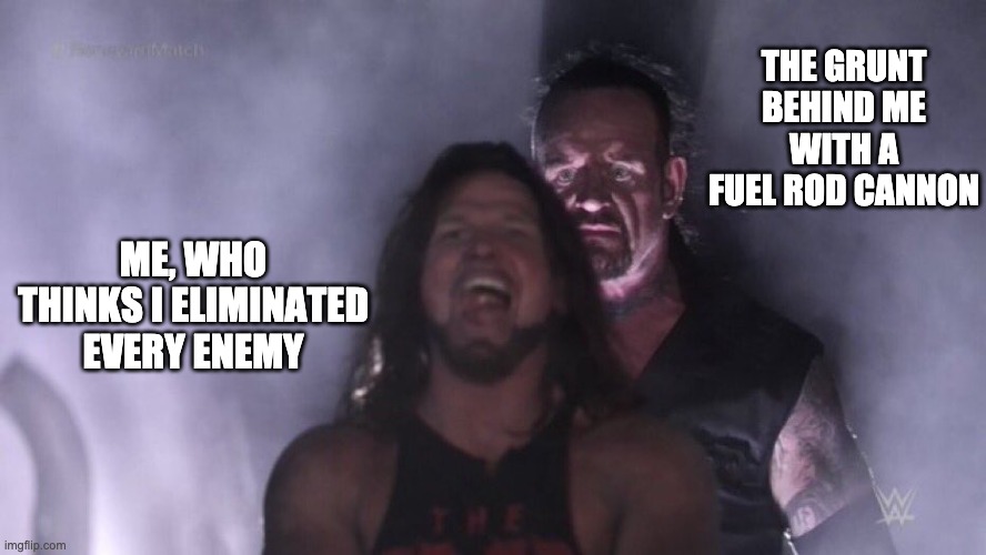 AJ Styles & Undertaker | THE GRUNT BEHIND ME WITH A FUEL ROD CANNON; ME, WHO THINKS I ELIMINATED EVERY ENEMY | image tagged in aj styles undertaker | made w/ Imgflip meme maker