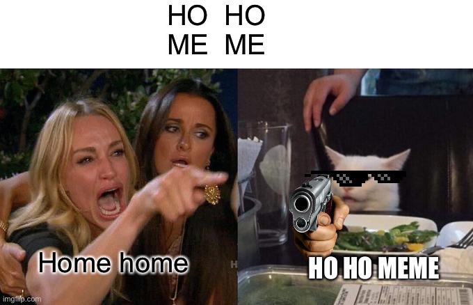 Woman Yelling At Cat Meme | HO  HO
ME  ME; Home home; HO HO MEME | image tagged in memes,woman yelling at cat | made w/ Imgflip meme maker