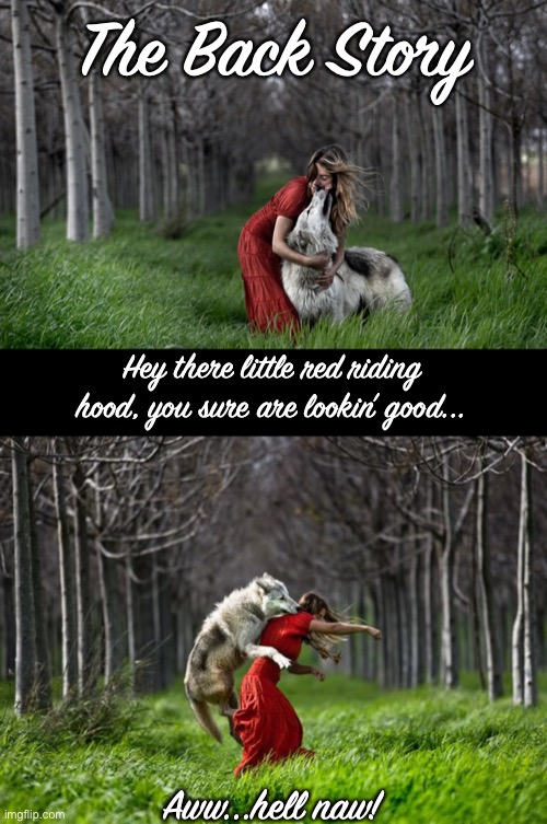Aww...hell naw! Hey there little red riding hood, you sure are lookin’ good... The Back Story | made w/ Imgflip meme maker