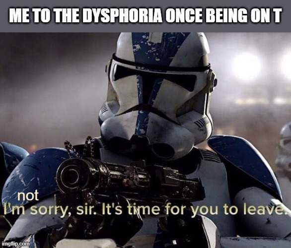 It's just a meme, I know it doesn't work like magic | ME TO THE DYSPHORIA ONCE BEING ON T; not | image tagged in it's time for you to leave,trans,gender | made w/ Imgflip meme maker