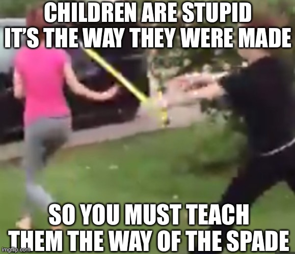 Educate the child |  CHILDREN ARE STUPID IT’S THE WAY THEY WERE MADE; SO YOU MUST TEACH THEM THE WAY OF THE SPADE | image tagged in funny | made w/ Imgflip meme maker