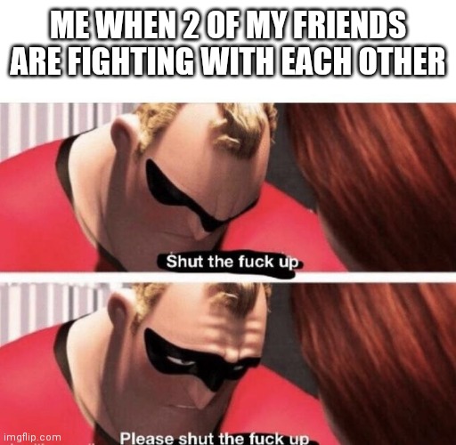 Shut the f up | ME WHEN 2 OF MY FRIENDS ARE FIGHTING WITH EACH OTHER | image tagged in shut the f up | made w/ Imgflip meme maker