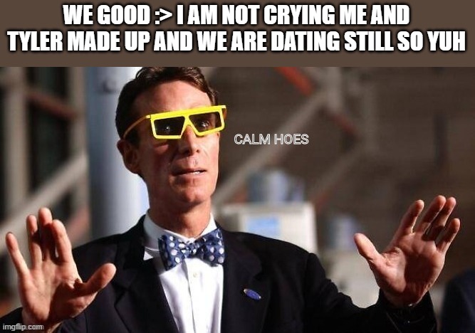 Bill Nye Calm hoes | WE GOOD :> I AM NOT CRYING ME AND TYLER MADE UP AND WE ARE DATING STILL SO YUH | image tagged in bill nye calm hoes | made w/ Imgflip meme maker