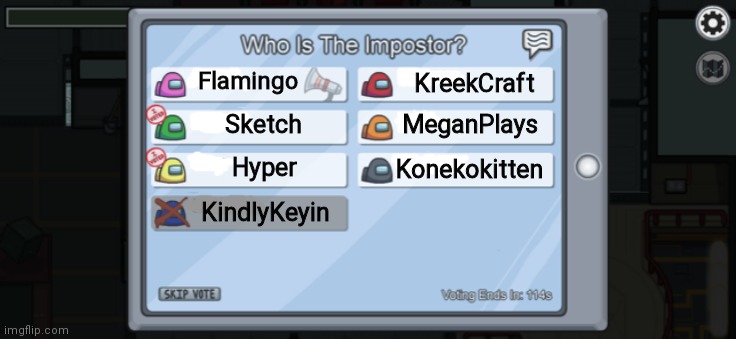 Among us voting | Flamingo; KreekCraft; Sketch; MeganPlays; Hyper; Konekokitten; KindlyKeyin | image tagged in among us voting | made w/ Imgflip meme maker