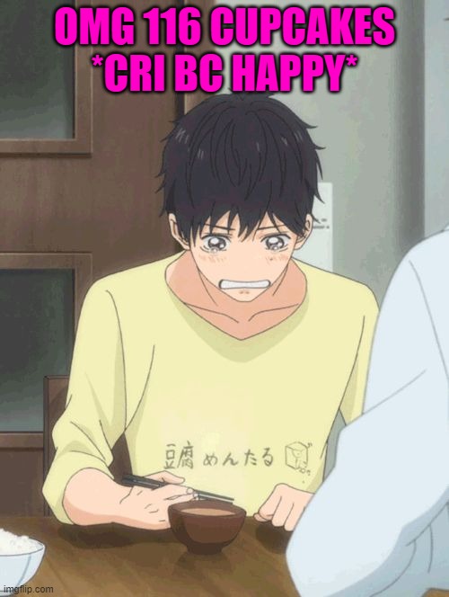 Yochi crying | OMG 116 CUPCAKES *CRI BC HAPPY* | image tagged in yochi crying | made w/ Imgflip meme maker