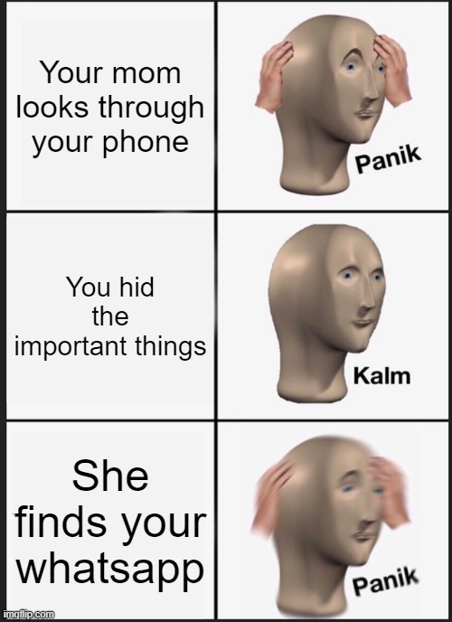 Panik Kalm Panik | Your mom looks through your phone; You hid the important things; She finds your whatsapp | image tagged in memes,panik kalm panik | made w/ Imgflip meme maker