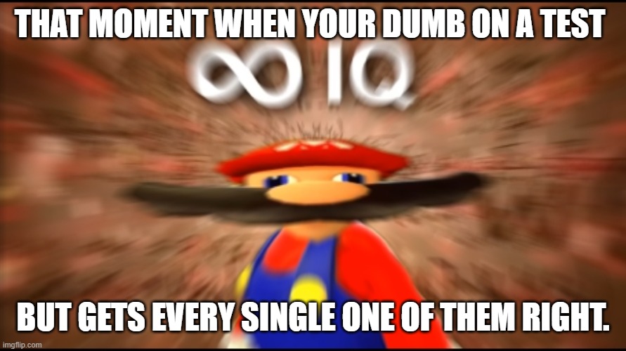infinite iq mario | THAT MOMENT WHEN YOUR DUMB ON A TEST; BUT GETS EVERY SINGLE ONE OF THEM RIGHT. | image tagged in infinity iq mario | made w/ Imgflip meme maker