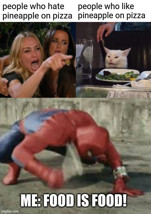 people who hate pineapple on pizza; people who like pineapple on pizza; ME: FOOD IS FOOD! | image tagged in memes,woman yelling at cat,spiderman with a wrench | made w/ Imgflip meme maker