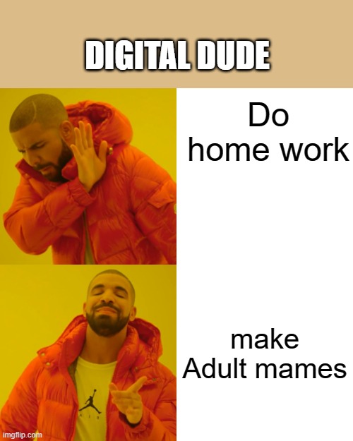 Digital Dude | DIGITAL DUDE; Do home work; make Adult mames | image tagged in memes,drake hotline bling | made w/ Imgflip meme maker