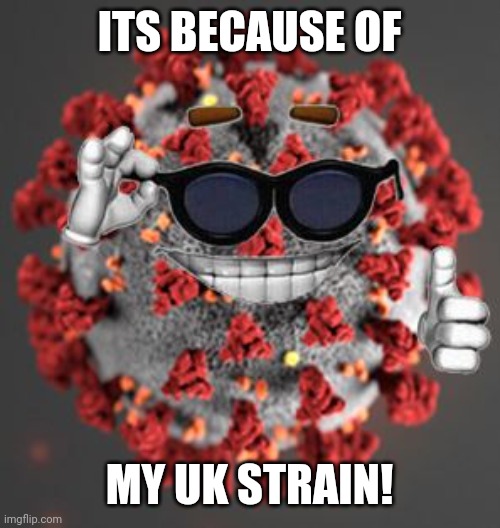 Coronavirus | ITS BECAUSE OF MY UK STRAIN! | image tagged in coronavirus | made w/ Imgflip meme maker