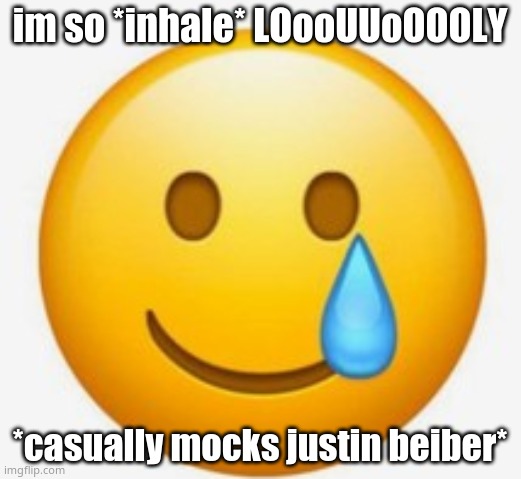 smile-crying emoji | im so *inhale* LOooUUoOOOLY; *casually mocks justin beiber* | image tagged in smile-crying emoji | made w/ Imgflip meme maker