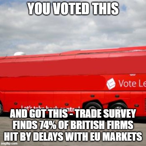 Brexit Bus | YOU VOTED THIS; AND GOT THIS - TRADE SURVEY FINDS 74% OF BRITISH FIRMS HIT BY DELAYS WITH EU MARKETS | image tagged in brexit bus | made w/ Imgflip meme maker