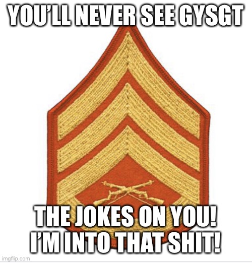 USMC SSgt Chevron | YOU’LL NEVER SEE GYSGT; THE JOKES ON YOU! I’M INTO THAT SHIT! | image tagged in usmc ssgt chevron | made w/ Imgflip meme maker