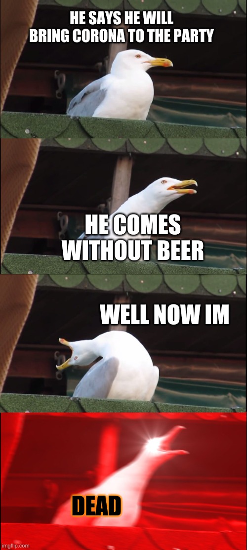 Screaming Seagull | HE SAYS HE WILL BRING CORONA TO THE PARTY; HE COMES WITHOUT BEER; WELL NOW IM; DEAD | image tagged in screaming seagull | made w/ Imgflip meme maker