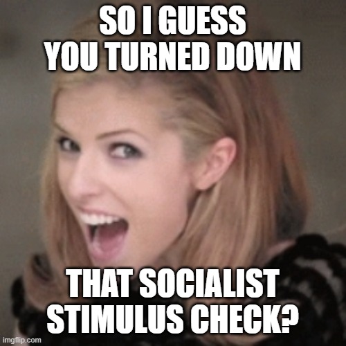 Anna kendrick | SO I GUESS YOU TURNED DOWN THAT SOCIALIST STIMULUS CHECK? | image tagged in anna kendrick | made w/ Imgflip meme maker