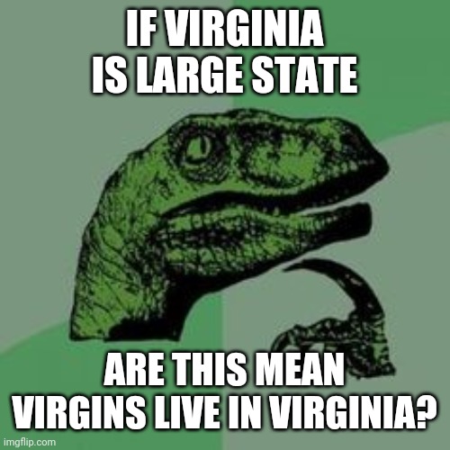 Virginia | IF VIRGINIA IS LARGE STATE; ARE THIS MEAN VIRGINS LIVE IN VIRGINIA? | image tagged in time raptor,memes | made w/ Imgflip meme maker