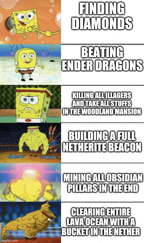 spongebob strong | FINDING DIAMONDS; BEATING ENDER DRAGONS; KILLING ALL ILLAGERS AND TAKE ALL STUFFS IN THE WOODLAND MANSION; BUILDING A FULL NETHERITE BEACON; MINING ALL OBSIDIAN PILLARS IN THE END; CLEARING ENTIRE LAVA OCEAN WITH A BUCKET IN THE NETHER | image tagged in spongebob strong | made w/ Imgflip meme maker