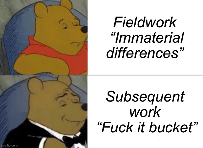 Tuxedo Winnie The Pooh Meme | Fieldwork
 “Immaterial differences”; Subsequent work
 “Fuck it bucket” | image tagged in memes,tuxedo winnie the pooh,Accounting | made w/ Imgflip meme maker