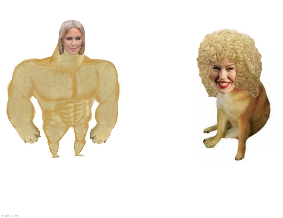 Buff Doge vs. Cheems -  Kylie Minogue in Extremes | image tagged in memes,buff doge vs cheems,kylie minogue head,kylie minogue,kylieminoguesucks,crossover templates | made w/ Imgflip meme maker