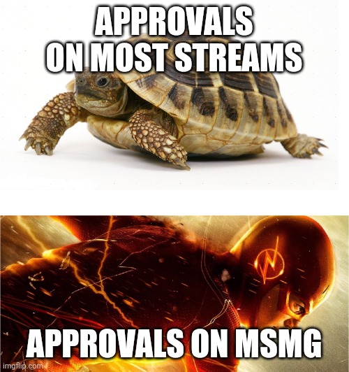 Slow vs Fast Meme | APPROVALS ON MOST STREAMS; APPROVALS ON MSMG | image tagged in slow vs fast meme | made w/ Imgflip meme maker