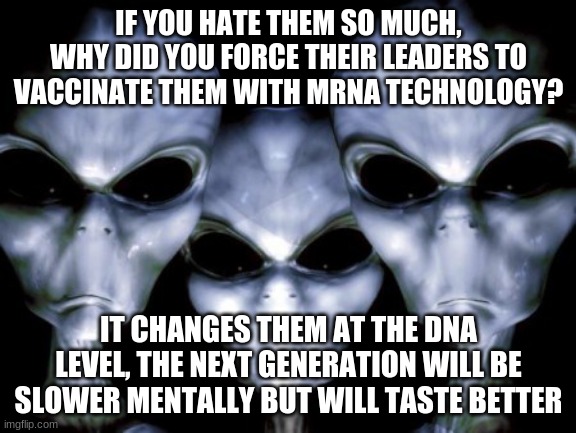 Time for a new Conspiracy Theory | IF YOU HATE THEM SO MUCH, WHY DID YOU FORCE THEIR LEADERS TO VACCINATE THEM WITH MRNA TECHNOLOGY? IT CHANGES THEM AT THE DNA LEVEL, THE NEXT GENERATION WILL BE SLOWER MENTALLY BUT WILL TASTE BETTER | image tagged in angry aliens,conspiracy theory,never trust the gray aliens,world leaders are in on it,covid 19,man made pandemic | made w/ Imgflip meme maker